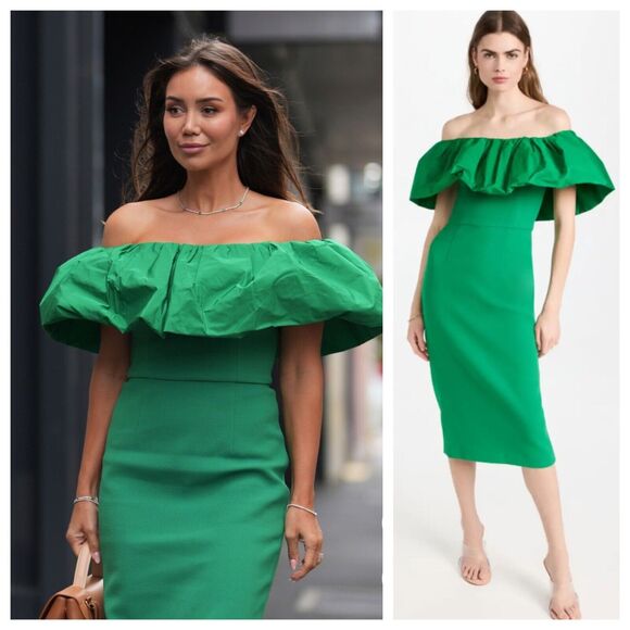 Rebecca Vallance Green Virgil Off-Shoulder Midi Dress Taffeta Ruffle US 4 - Picture 1 of 10